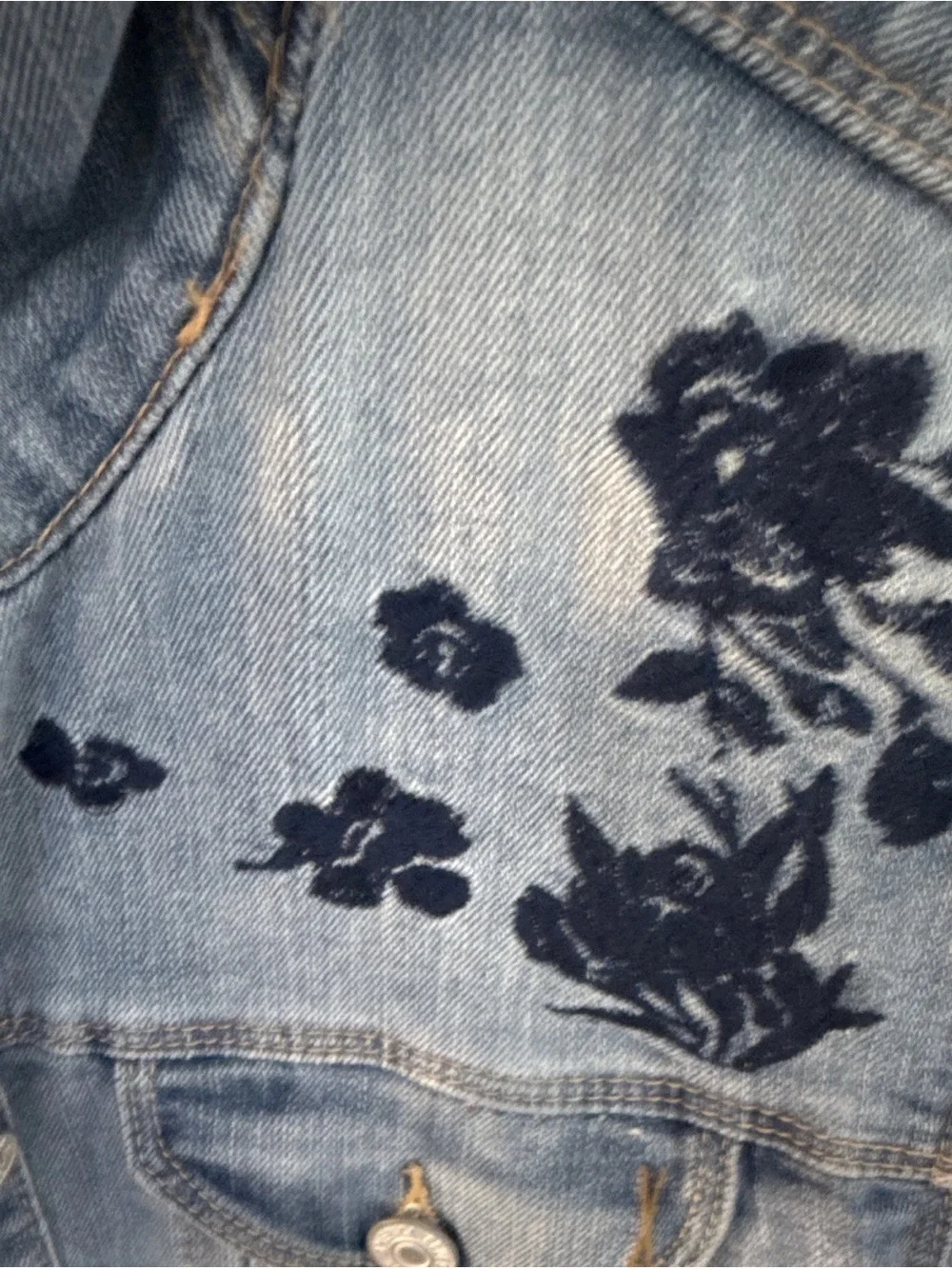 Vintage America Light Blue Denim Jacket with Black Embroidery